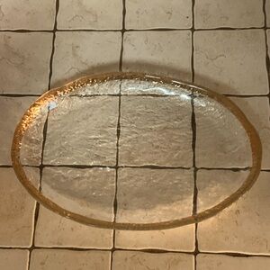 Mid Century Glacial Ice 10K Gold Rim Clear Textured Ovall Glass Platter
